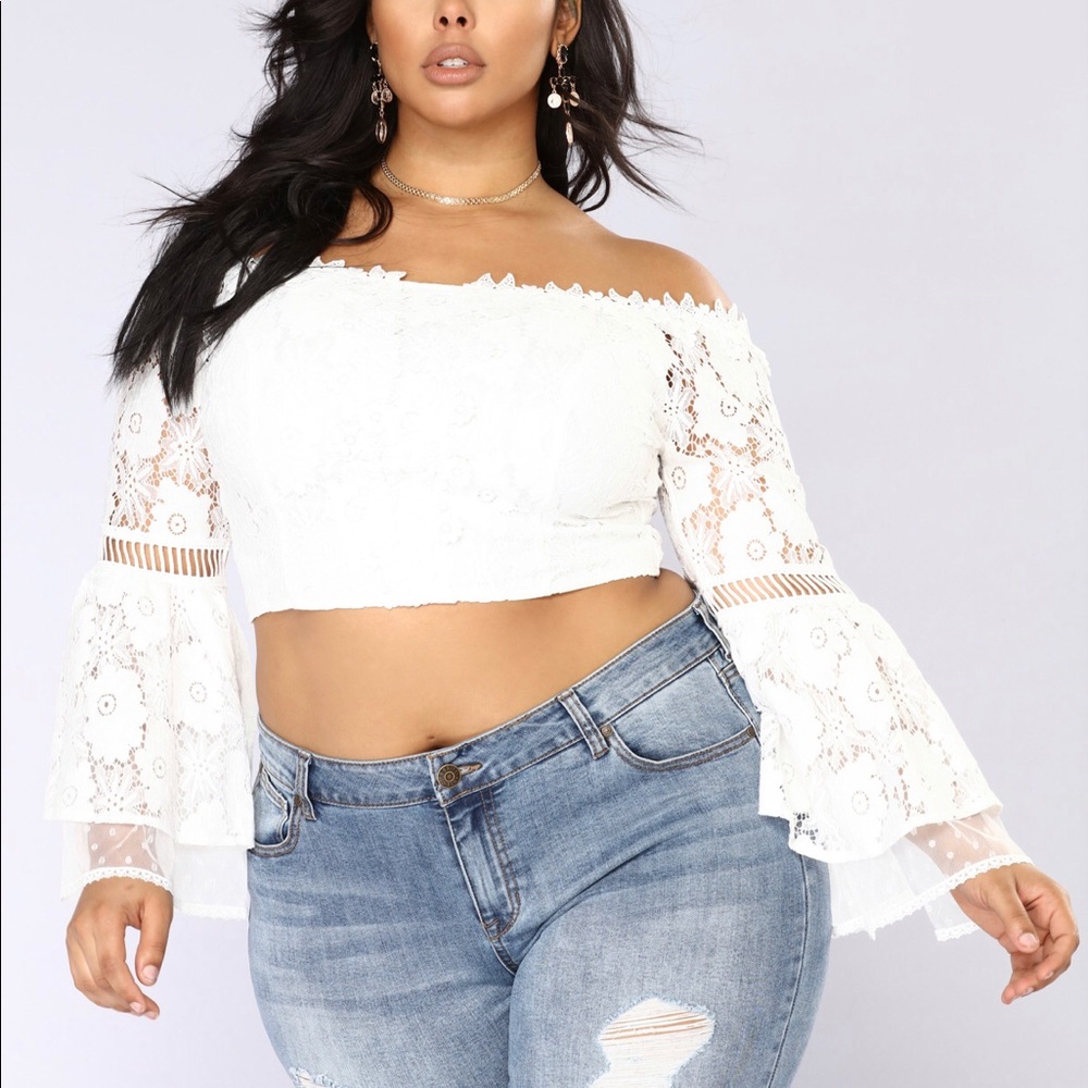 White off the shoulder crop top with back zipper
